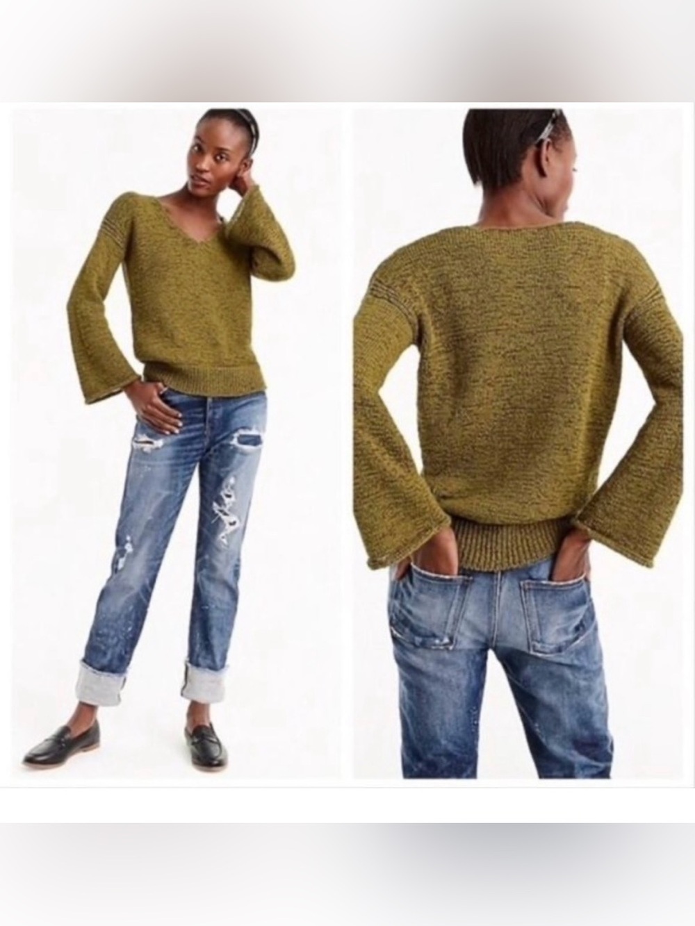 J. Crew Women's Flared Sleeve Swing Sweater ivory champagne size M H7152 cotton - Picture 2 of 8